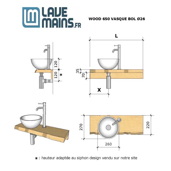 Lave-mains bol blanc Wood Frêne Long