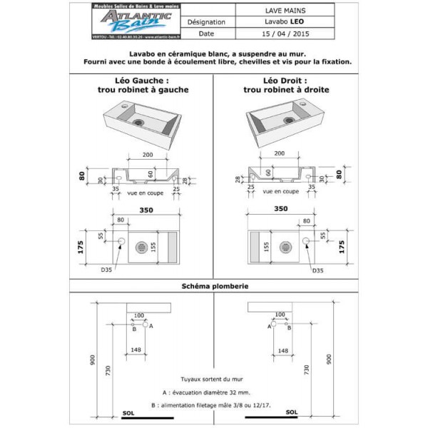 Lave-mains Léo vert robinetterie à gauche