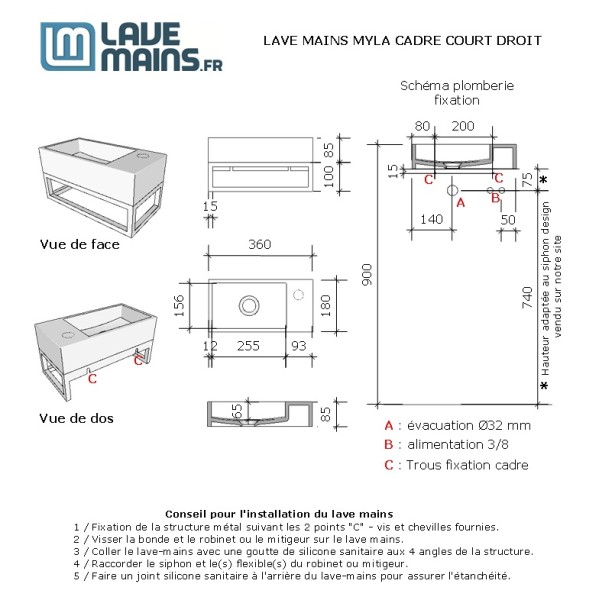 Structure courte Myla noir pour Lave-mains Myla
