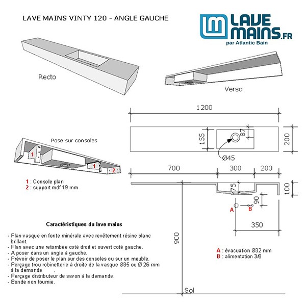 Lave mains Vinty 120 - Angle à gauche