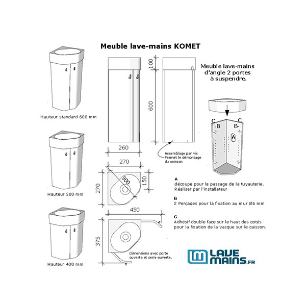 Pack meuble Lave-mains d'angle Komet blanc