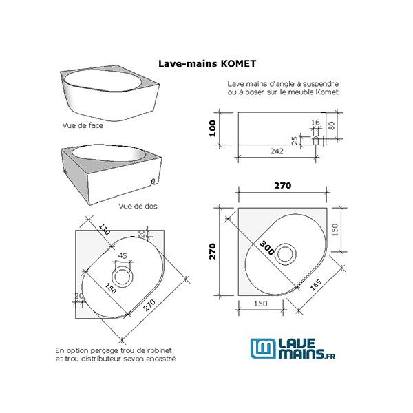 Pack lave-mains d'angle Komet gris