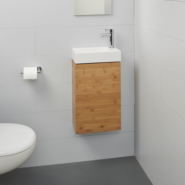 Meuble WC en bois massif avec lave-mains de petite taille : Léo