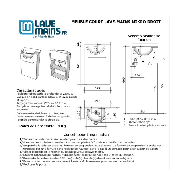 Meuble Court chêne Lave-mains Mikro Droit