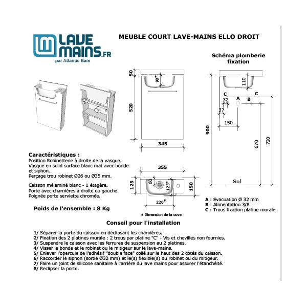 Meuble Court Inox Lave-mains Ello Droit