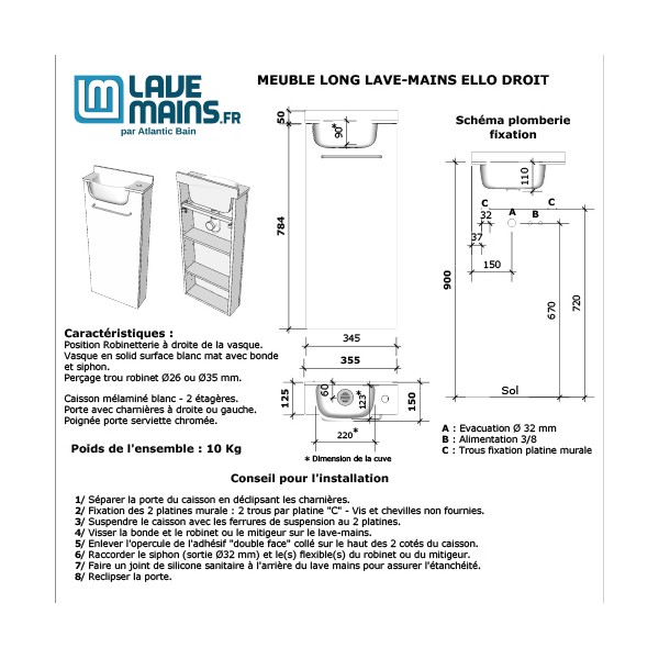 Meuble Long Inox Lave-mains Ello Droit