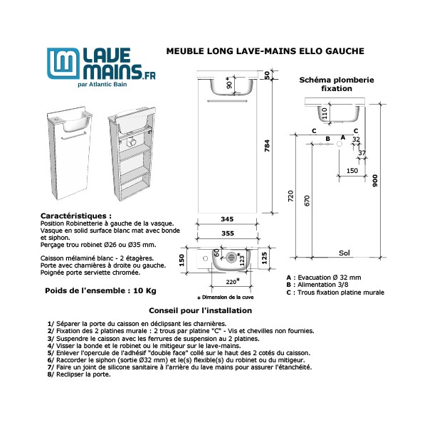 Meuble Long blanc Lave-mains Ello Gauche