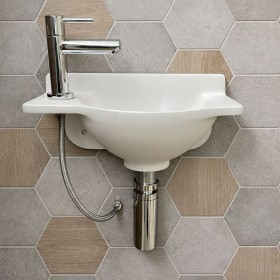 lave mains suspendu résine blanc profondeur 20 cm robinet à gauche