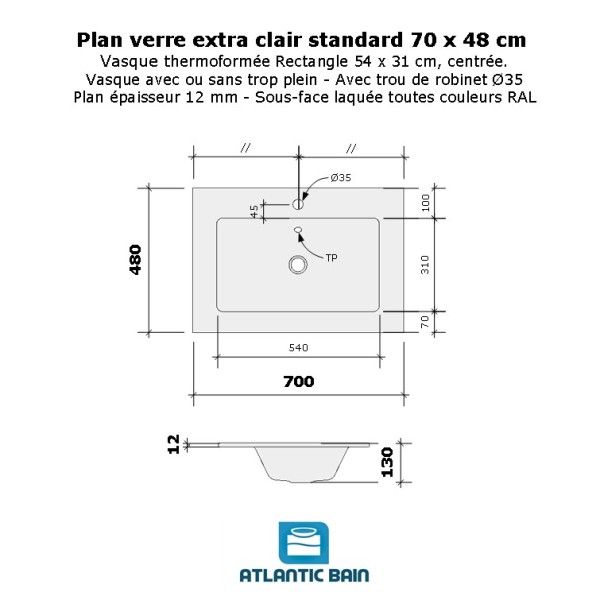 Plan verre standard vasque rectangle 70 cm