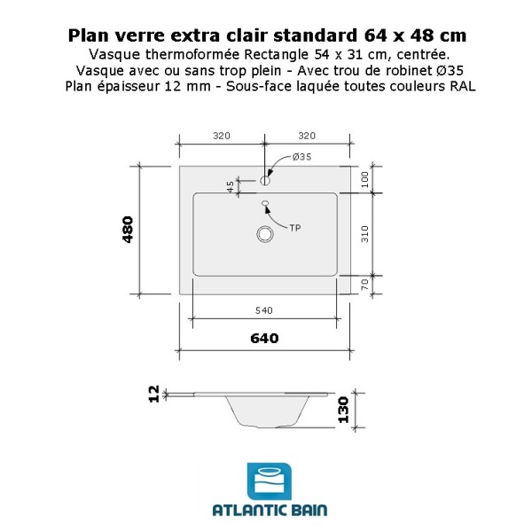 Plan verre standard vasque rectangle 64 cm