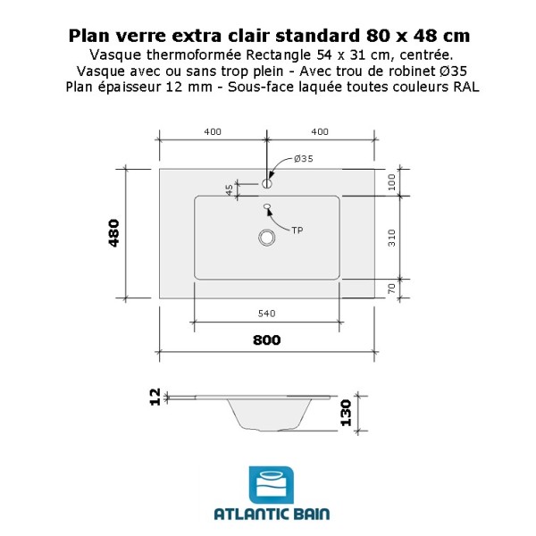 Plan verre standard vasque rectangle 80 cm