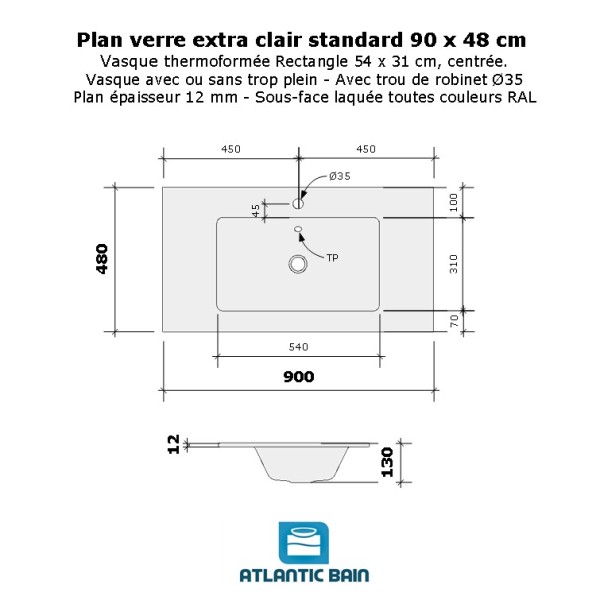 Plan verre standard vasque rectangle 90 cm