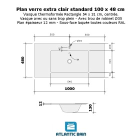 Plan verre standard vasque rectangle 100 cm