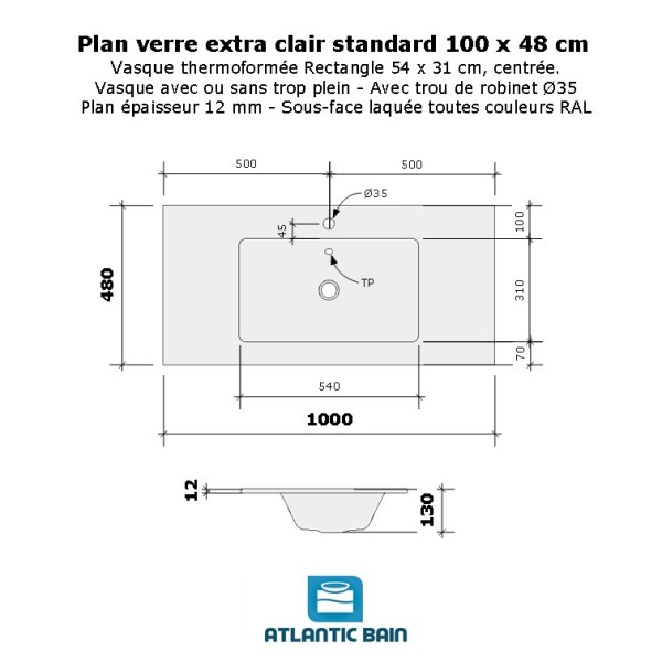 Plan verre standard vasque rectangle 100 cm