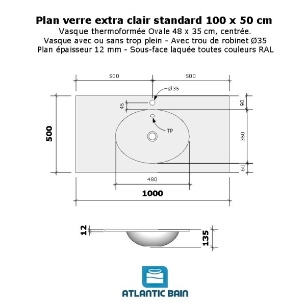 Plan verre standard vasque ovale 100 cm