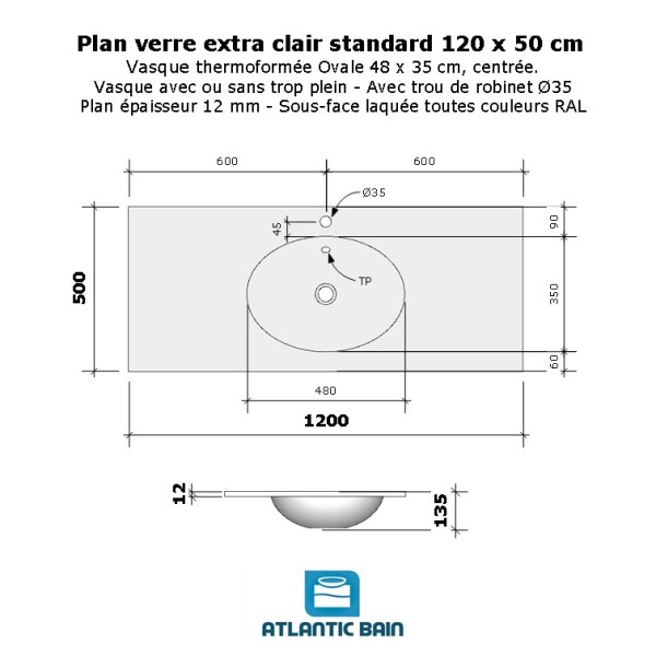 Plan verre standard vasque ovale 120 cm
