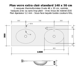 Plan verre standard double vasque ovale 140 cm