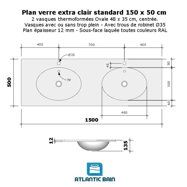 Plan verre standard double vasque ovale 150 cm