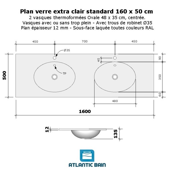 Plan verre double vasque ovale 160 cm