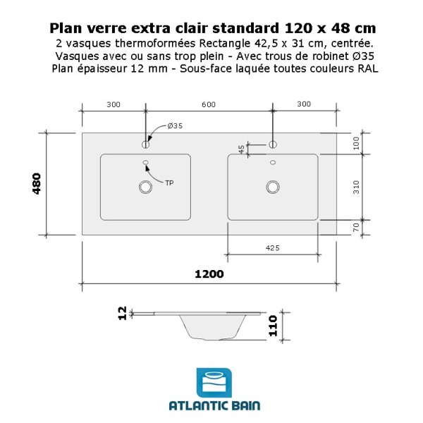 Plan verre double vasque rectangle 120 cm