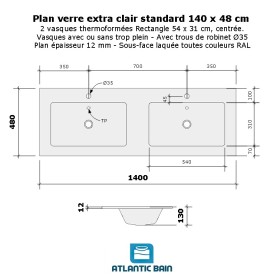 Plan verre double vasque rectangle 140 cm