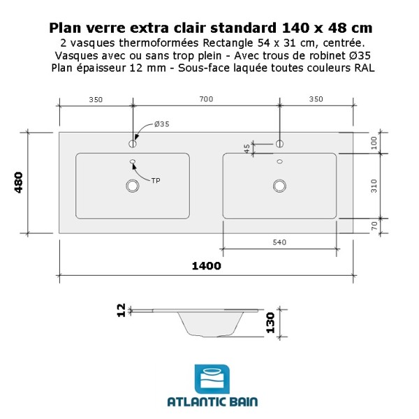 Plan verre double vasque rectangle 140 cm