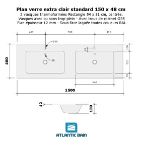 Plan verre double vasque rectangle 150 cm