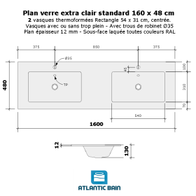 Plan verre double vasque rectangle 160 cm