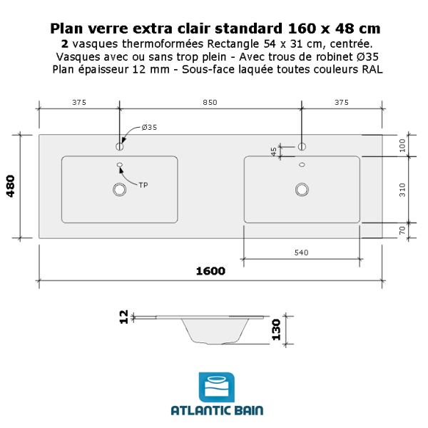 Plan verre standard double vasque rectangle 160 cm