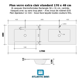 Plan verre double vasque rectangle 170 cm