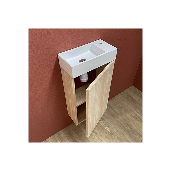 lave main résine blanc brillant de 36 x 18 cm avec son meuble 1 porte en hévéa massif