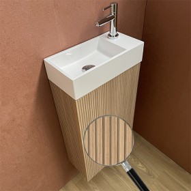 petit meuble lave mains 36 x 18 cm - finition lamella bois vertical avec robinetterie