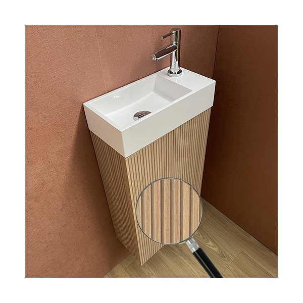 petit meuble lave mains 36 x 18 cm - finition lamella bois vertical avec robinetterie