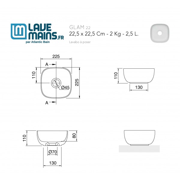 Vasque Glam 22 Noire Lave-mains